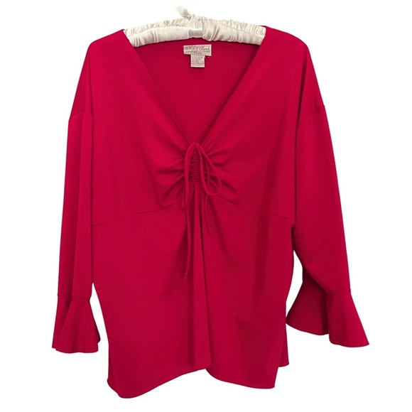 Vintage 90s 3X Red Silky Satin Flowy Ruched Bow Top with V Neck Flared Sleeves - Picture 6 of 10